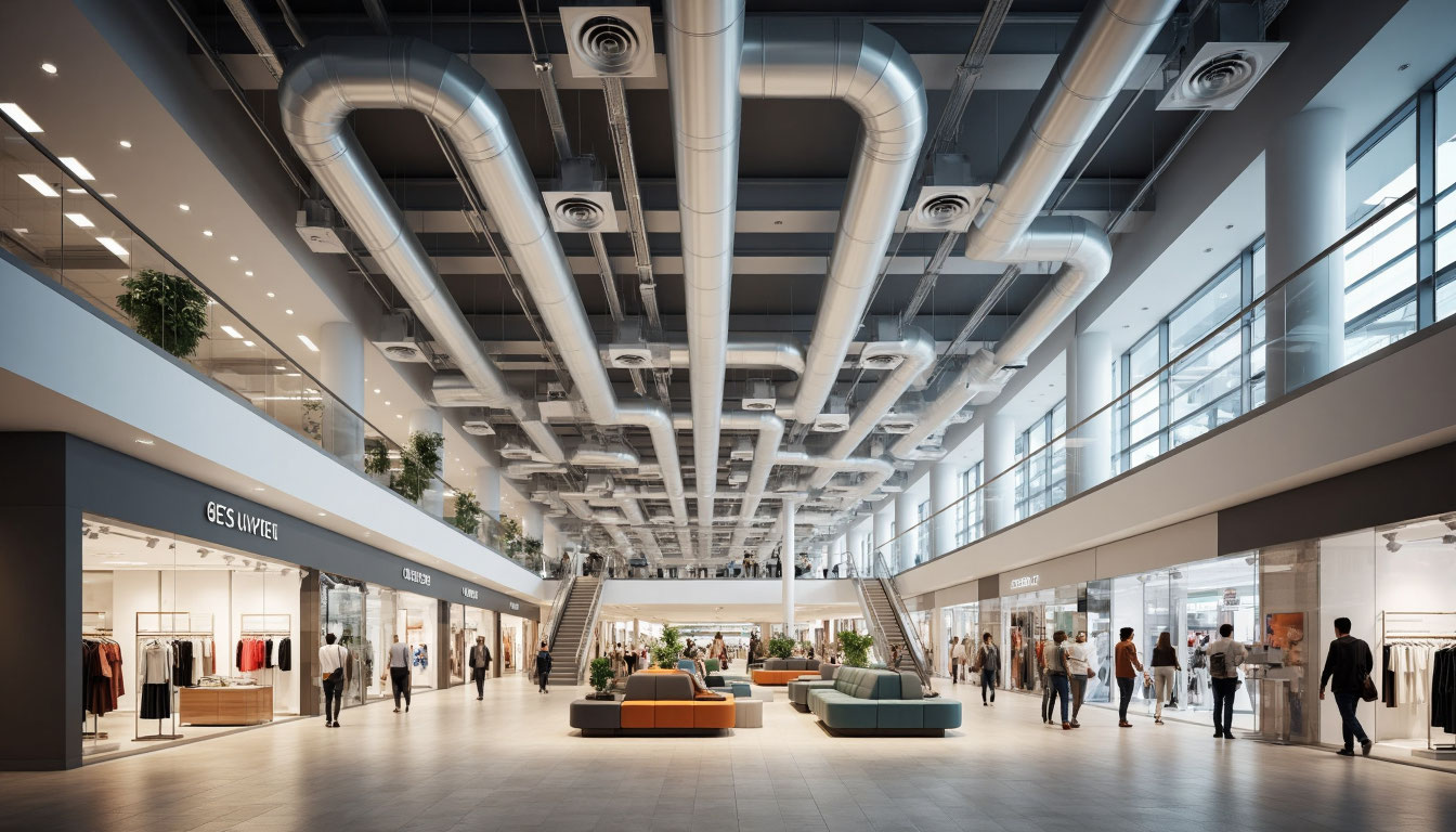 система вентиляции с глушителями в торговом центре