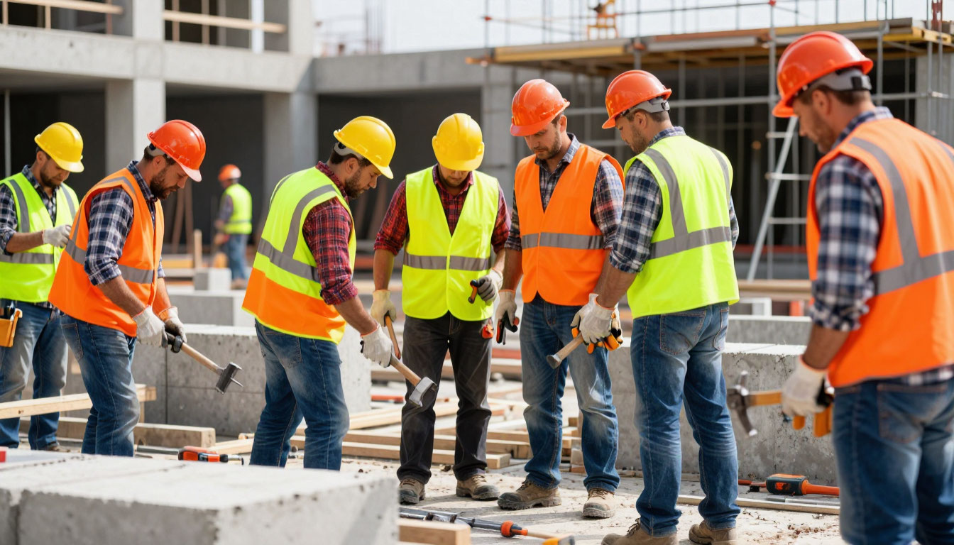 строители в жилетах